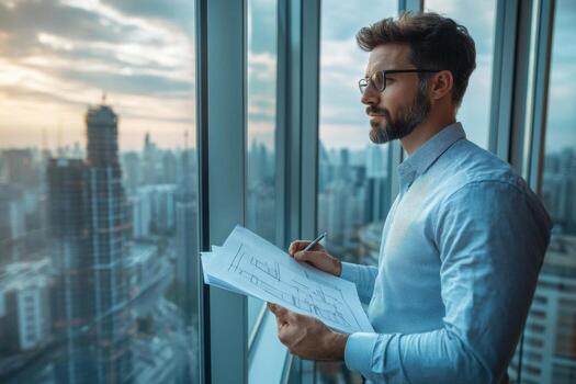 A man in glasses is holding a piece of paper and looking out the window photo