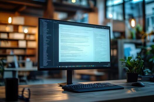 A computer monitor on a desk in a library photo