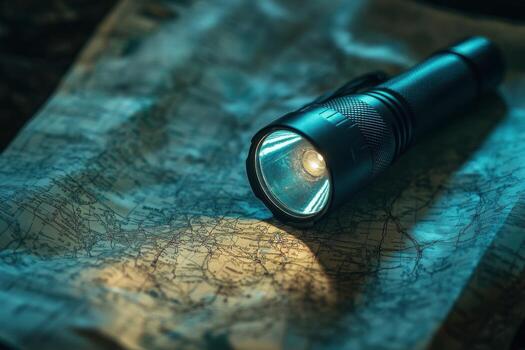 A flashlight is sitting on top of a map photo