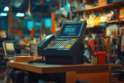 A cash register sitting on a table in a store photo