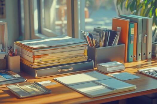 A desk with a keyboard, mouse, and other office supplies photo