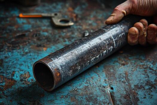 A person holding a pipe with a wrench on a table photo