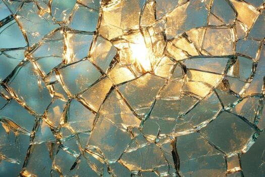 Broken glass with a light shining through it photo