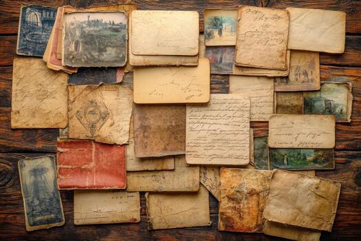 Old papers and old photographs on a wooden table photo