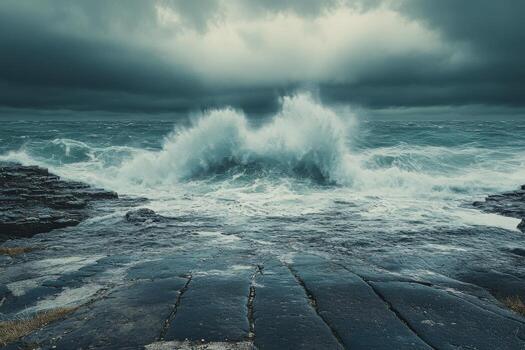 A stormy ocean with waves crashing into rocks photo