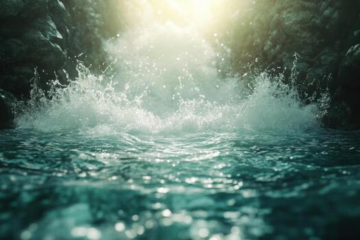 Waterfall in the ocean with sunlight coming through photo