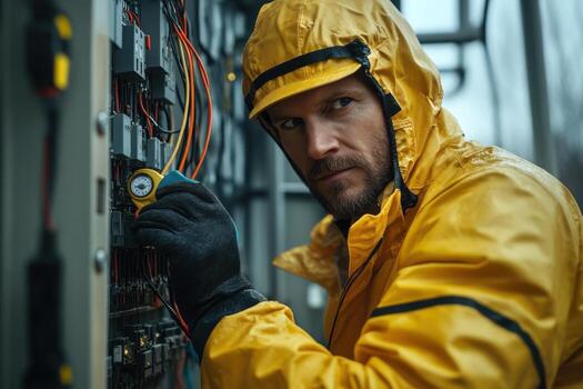 A man in a yellow rain jacket and gloves checking a panel photo