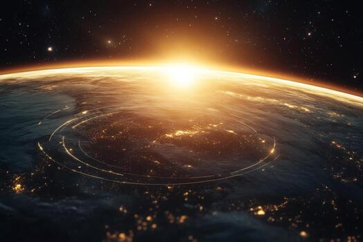 The earth is seen from space with the sun rising photo