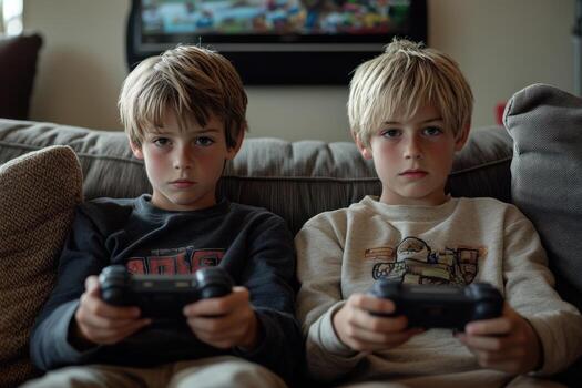 Two boys sitting on a couch holding game controllers photo