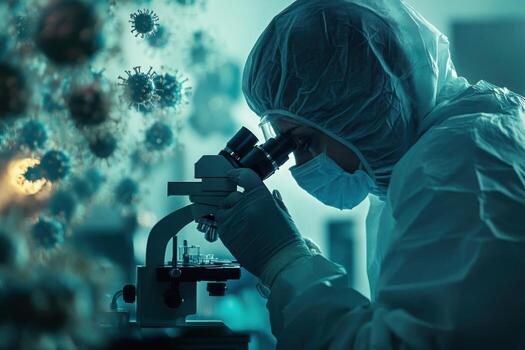 A person in a lab coat looking through a microscope photo