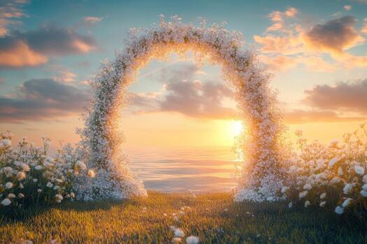An archway with flowers in front of the ocean photo