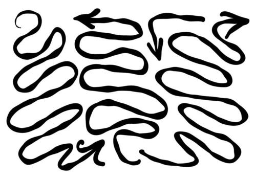 Set of hand drawn arrows in creative doodle style.Curly, circular and twisting arrows sketchy lines vector
