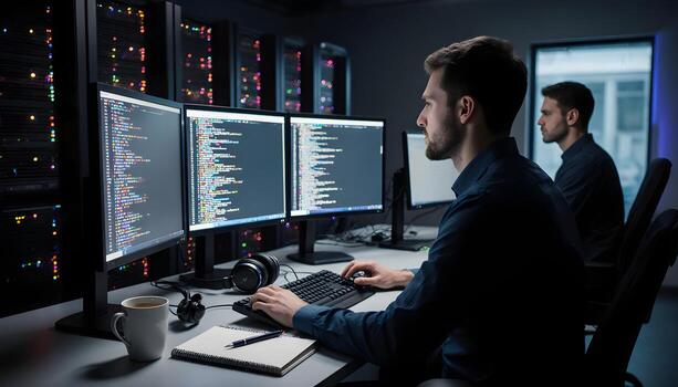 Programmers Working Late on Software Project photo