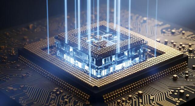 Futuristic CPU Microchip High-Tech Central Processing Unit with Data Beams photo
