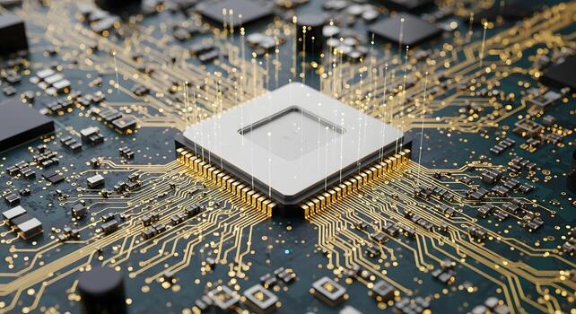 High-Tech CPU Microchip on Motherboard Close-up View of Central Processing Unit photo