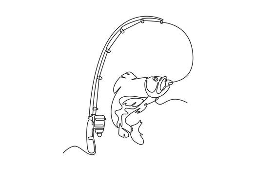 Single one line drawing a big fish is jumping out of water after taking a hook. Symbolizing thrill of fishing, struggle of catch, and successful hunt. Continuous line draw design illustration vector