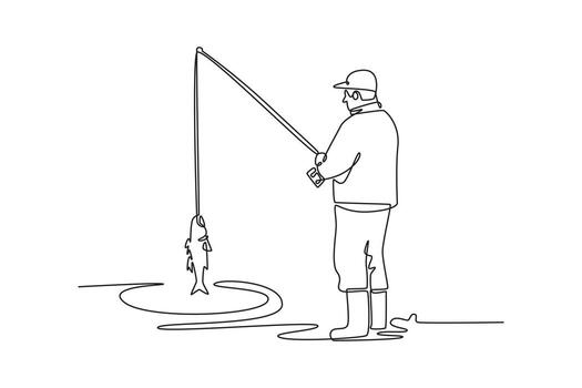 Continuous one line drawing back view of man celebrating successful catch fish out of water, symbolizing victory, achievement, and rewarding hobby. Single line draw design graphic illustration vector