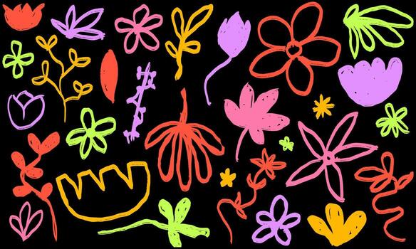 Collection of bright, vivid flower and leaf drawings. Colorful hand drawn botanical doodles with a rough crayon texture on a dark background. graphic set for posters or fabrics. vector
