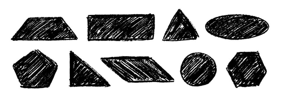 Black scribbled shape set. Hand drawn charcoal geometric doodle collection. Crayon textured form pack for sticker, patch, badge. Childish sketched ellipse, rectangle, triangle, circle elements vector