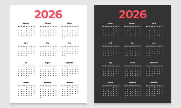 2026 monthly calendar layout with a clean diary planner format. Each month starts on Monday, ideal for organizing schedules, events, and appointments throughout the year. vector