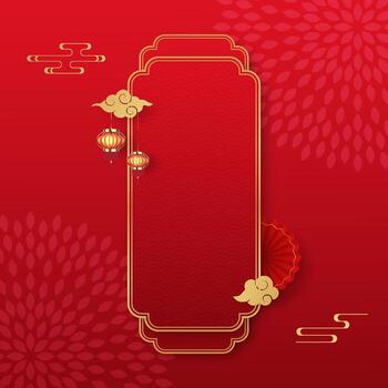 Happy Chinese New Year 2026 banner with traditional lanterns and golden frame on red background. Festive greeting card design for product display or promotion. vector