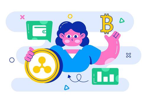 Person holding cryptocurrency symbols and wallet vector