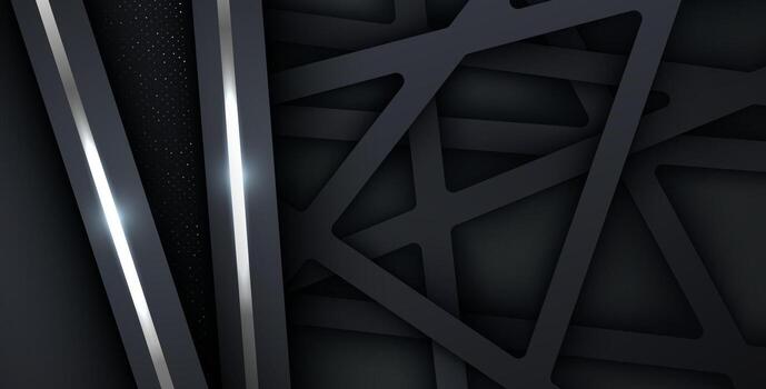 dark abstract background with triangle square black overlap layers. silver list and silver glitters dots element on slash papercut textured background. eps10 vector