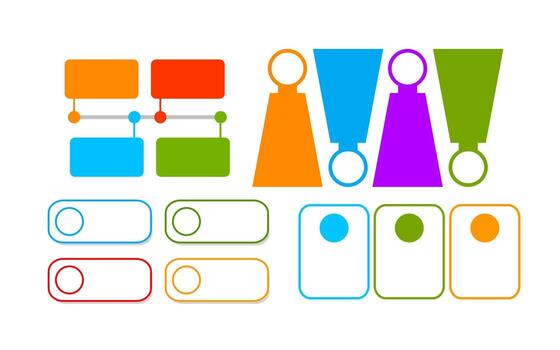Infographic displays various colorful interconnected shapes icons and diagrams on white background. vector