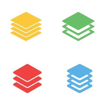 Four colorful overlapping square layer icons, in yellow, green, red, and blue, set vector
