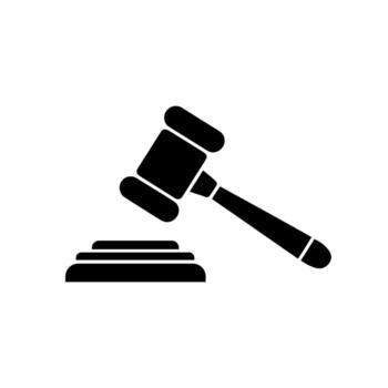 Black and white icon showing a judge gavel and sounding block vector