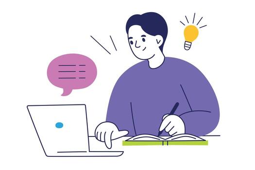 Flat cartoon illustration of student at desk with notebook and laptop, studying and writing notes. Concept of education, learning, office work, creativity, planning, productivity, knowledge vector