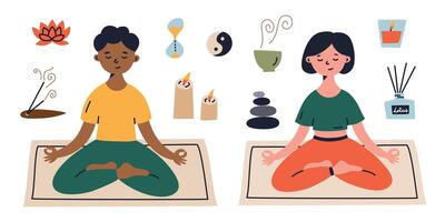plano dibujos animados ilustración de hombre y mujer meditando en estera en loto actitud con meditación accesorios. concepto de consciencia, relajación, armonía, yoga, espiritualidad, sano estilo de vida, vector