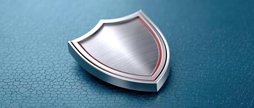 Metallic shield symbol representing cybersecurity, featuring sleek design with brushed finish and red accents, set against textured blue background. This conveys strength and protection photo