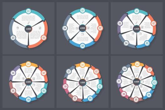 Circle infographic templates with 3, 4, 5, 6, 7 and 8 elements, steps or options, workflow or process diagram, data vizualization, dark background vector