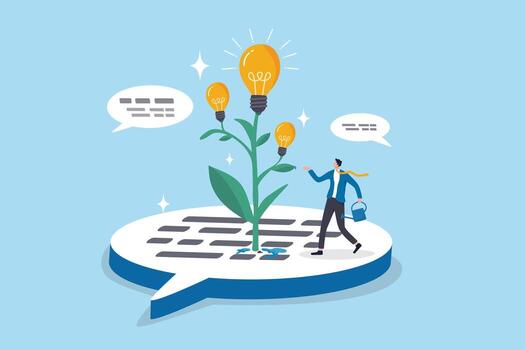 Communicate new idea, solution or information for business success, discussion, feedback message or conversation dialogue, businessman growing lightbulb idea plant on speech bubble communication. vector
