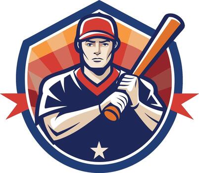 A baseball player with a bat in front of a shield isolated on white background vector