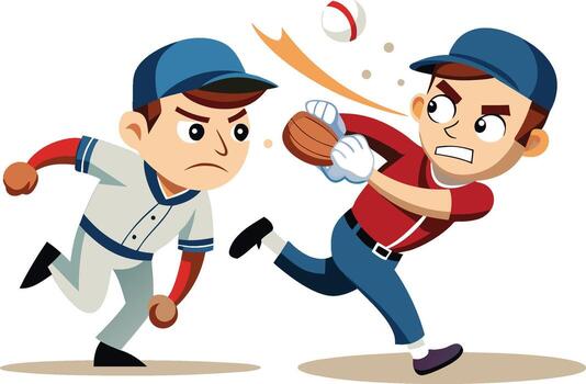 Two baseball players are in a heated game isolated on white background, with one player about to be hit by the ball vector