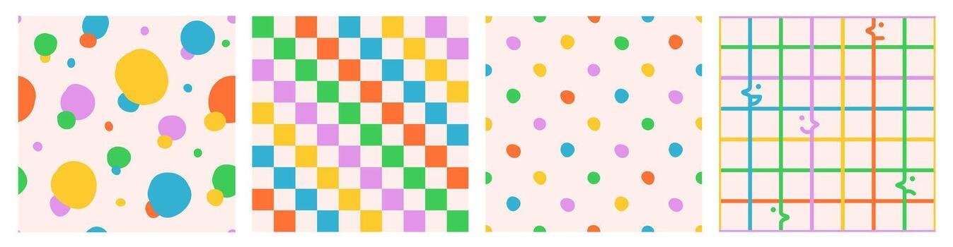 Seamless pattern set, hand drawn curved checkered, dots and spots. Modern colorful design with abstract shapes, simple and playful doodle wallpaper print vector