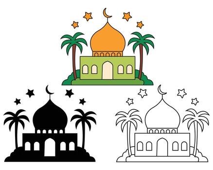 Islamic mosque features three different versions including color, outline, and solid on white background vector