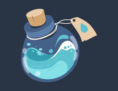 un estilizado vaso botella, lleno con un líquido, el etiqueta agregando a el seducir de un magia poción. capturar un esencia de fantasía, imaginación, y preguntarse. vector