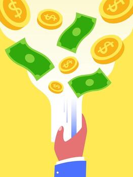 un artístico concepto ilustrando el fluir de dinero, representado por cascada billetes y monedas, torrencial dentro un mano. un metafórico visualización de financiero actas, abundancia. vector