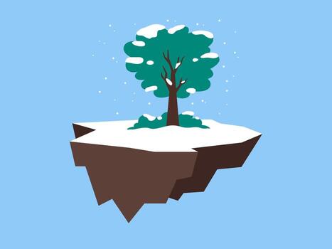 un solitario árbol en un flotante isla, prestados en un plano ilustración, en medio de un Nevado, invernal escena. el ilustración enfatiza el sencillez y gráfico naturaleza de el elementos. vector