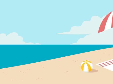 A serene beach scene, showcasing the simple beauty of a summer's day at the ocean, with a vibrant beach ball, an open umbrella, and light clouds, representing the essence of leisure and relaxation. vector
