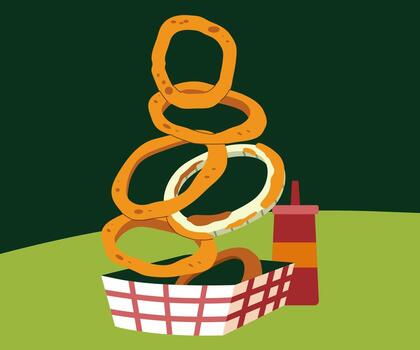 A tantalizing image of a stack of golden-brown onion rings ready to be devoured. The presentation adds visual interest, hinting at flavors and textures. vector