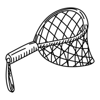 pescado cucharón, garabatear estilo. metal encargarse de con un red para atrapando pez. gráficos, grabado, y sombreado. negro tinta dibujos, marcador, y diseño de postales y embalaje. picnics, senderismo, y cámping vector