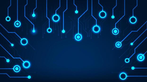 circuito tablero con brillante electrónica elemento en azul fondo, Hola tecnología panal de conectado línea vector