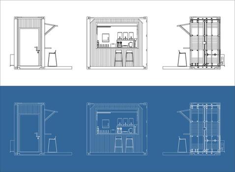 Set of a Modern Shipping Container Kiosk or Concession Stand, with Various Orthographic Views for Architectural and Technical Concepts. Detailed Blueprint and Line Drawing vector
