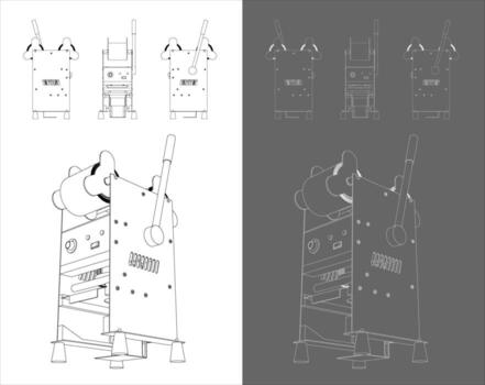 Detailed Wireframe Line Drawing Set of a Manual Cup Sealer Machine, Presented from Multiple Angles for Technical and Industrial Concepts vector