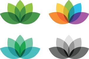 cuatro vistoso y escala de grises loto flor íconos con translúcido pétalos resumen símbolo vector