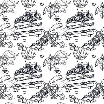 Seamless pattern of sweets and berries, a piece of cake with viburnum berries, a branch of viburnum, leaves, all objects are hand-drawn with ink. Illustration is suitable for printing, design vector